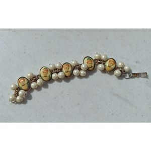 Unique Vintage Bracelet Scroll Chain Faux Pearls With Hand Painted Portraits